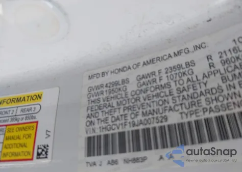 2018 Honda Accord Lx z USA, uszkodzony, nr VIN 1HGCV1F19JA007529